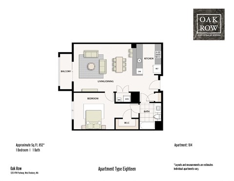 Floor plan for 1 bed, 1 bath, 852 sqft